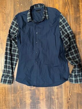 Antony Morato Navy Button-Down Shirt with Green-Blue Plaid Sleeves XL Slim
